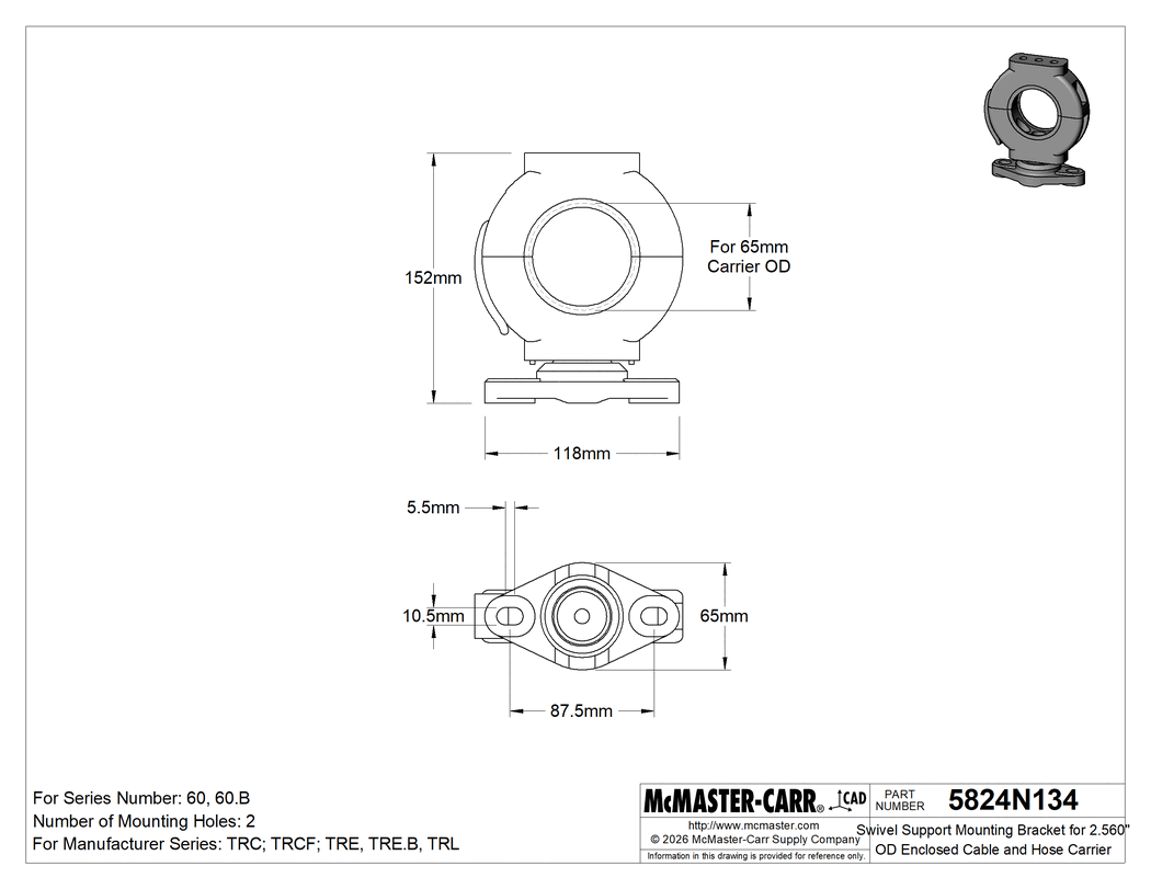 Technical Drawing of Swivel Support Mounting Bracket for 2.560" OD Enclosed Cable&Hose Carrier.